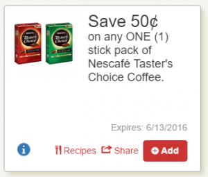 Nescafé Taster's Choice Coffee Stick Pack as low as $0.50 at Tops with E-Coupon