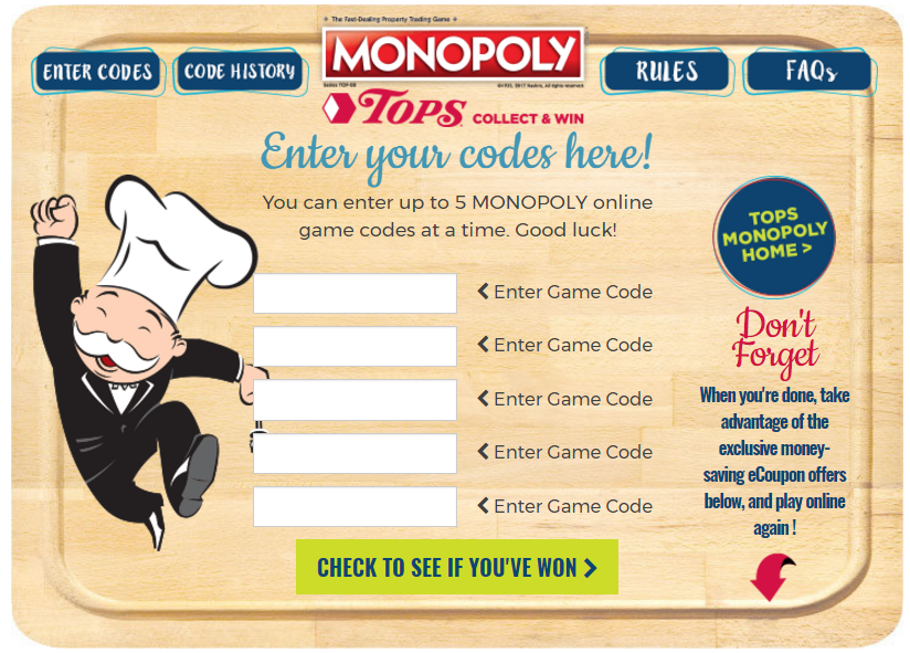 Enter Monopoly Game Codes for Tops Markets