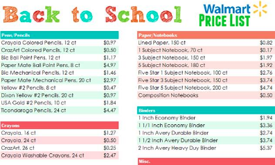 Free Printable Back to School Walmart Price List 