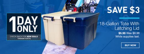 Save $3.00 off 18 gallon totes with attaching lids
