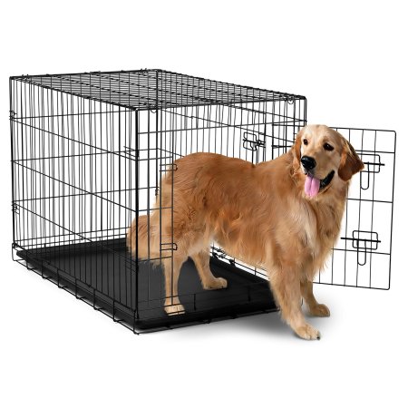 Heavy Duty Foldable Double Door Dog Crate With Divider And Removable ABS Plastic Tray
