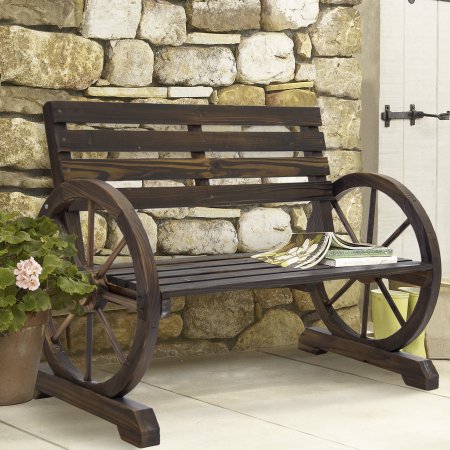 Patio Garden Wooden Wagon Wheel Bench