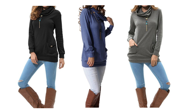 Womens Long Sleeve Button Cowl Neck Casual Slim Tunic Tops With Pockets