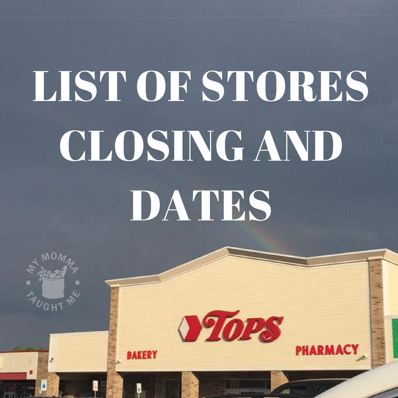 LIST OF STORES CLOSING AND DATES