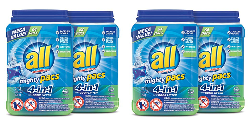 All Mighty Pacs Laundry Detergent, 4 In 1 With Odor Lifter, 2 Tubs, 64 Count