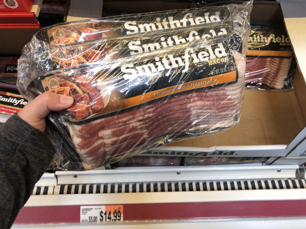 Smithfield Bacon for $4.33 a pack at BJ's