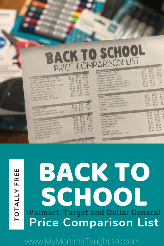 Back To School Price Comparison List With Free Printable For Walmart, Target And Dollar General