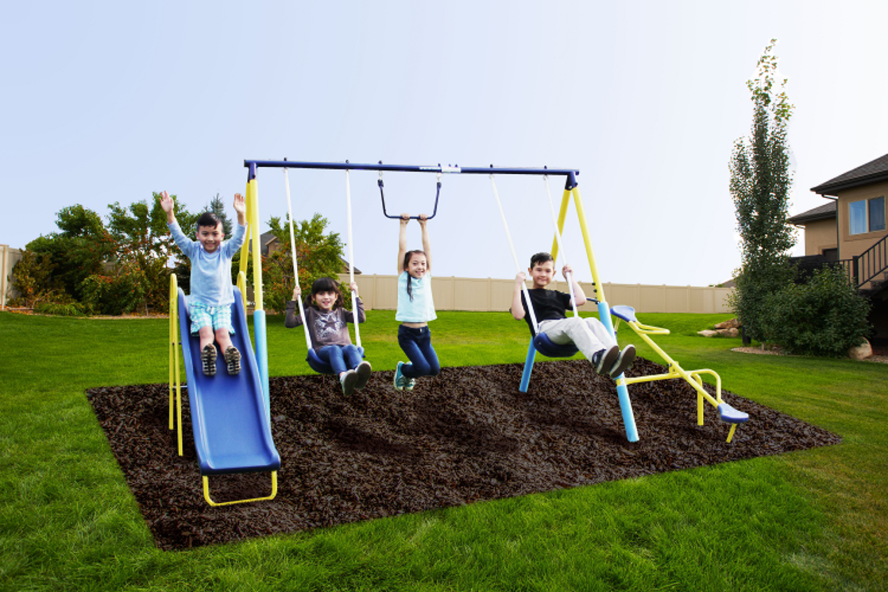 Metal Swing Set With Trapeze, Teeter Totter, And 6ft Heavy Duty Slide