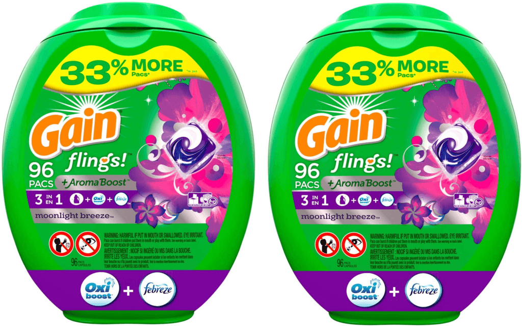 Gain Flings! Liquid Laundry Detergent Pacs, Moonlight Breeze, 96 Count